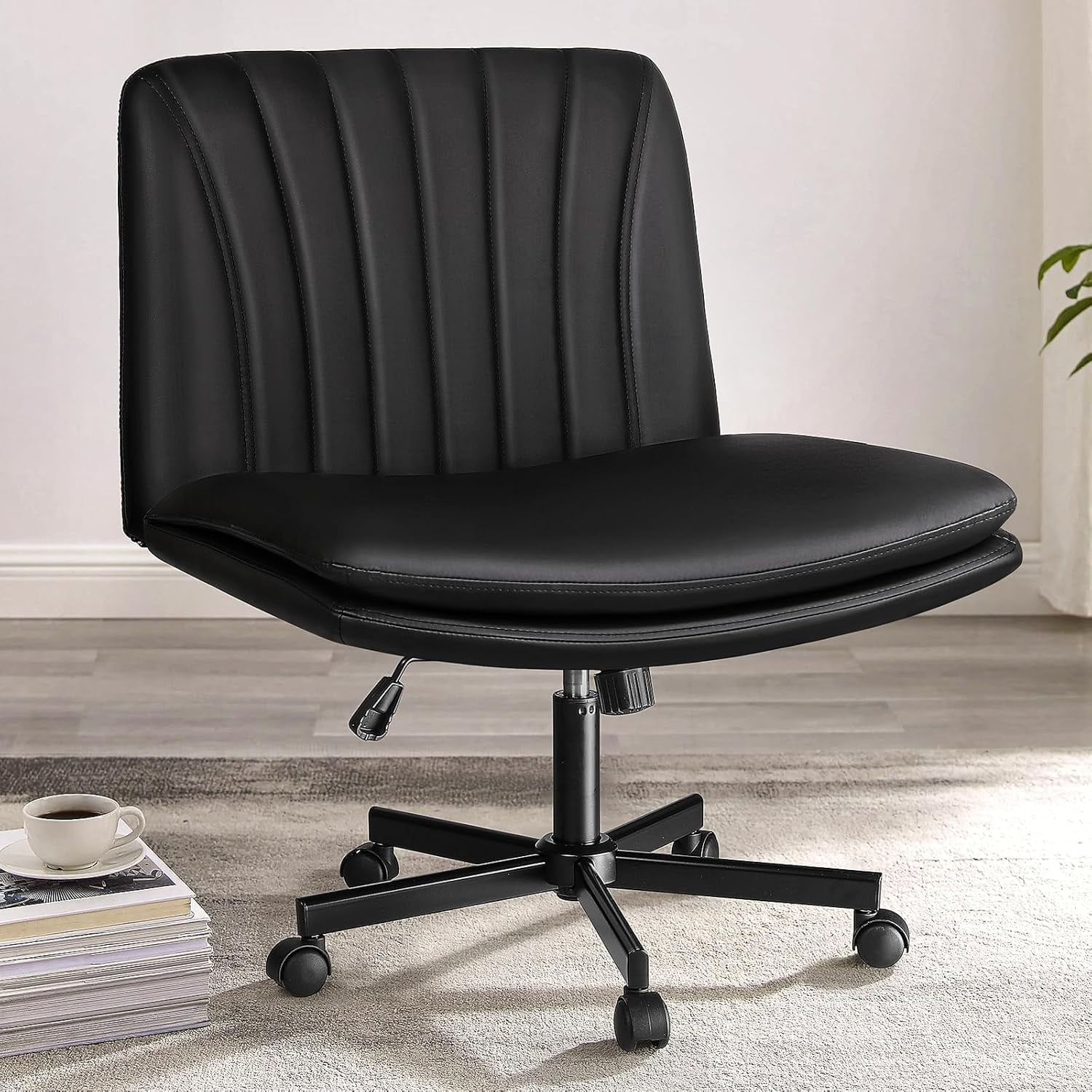 Waleaf Criss Cross Chair with Wheels,PU Leather Padded Armless Cross Legged Office Desk Chair for Home Office