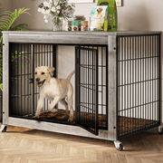 Waleaf Dog Crate Furniture with Cushion, Double Doors Wooden Dog Kennel Indoor with Wheels