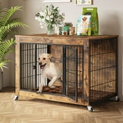 Waleaf Wooden Dog Crate Furniture with Cushion, Double Doors Wooden Dog Kennel Indoor with Wheels