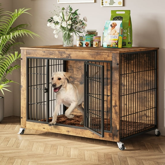 Waleaf Dog Crate Furniture with Cushion, Double Doors Wooden Dog Kennel Indoor with Wheels