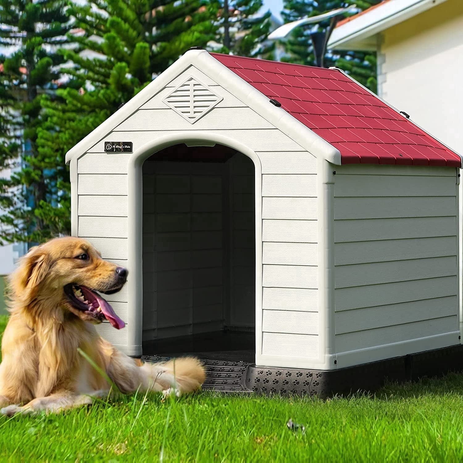 Waleaf Durable Waterproof Plastic Dog House for Small to Large Sized Dogs, Indoor Outdoor Doghouse with Elevated Floor