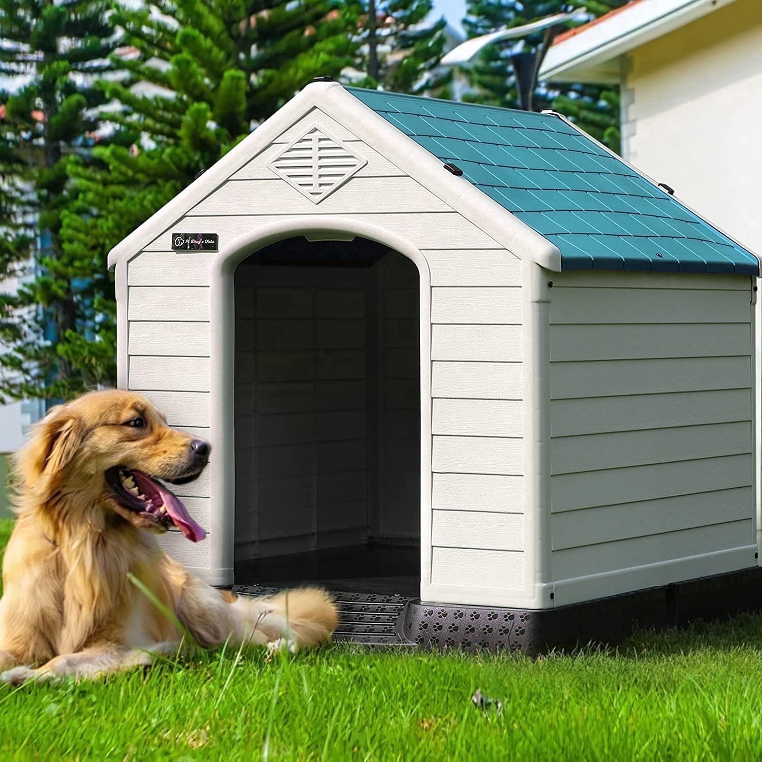 Waleaf Durable Waterproof Plastic Dog House for Small to Large Sized Dogs, Indoor Outdoor Doghouse with Elevated Floor