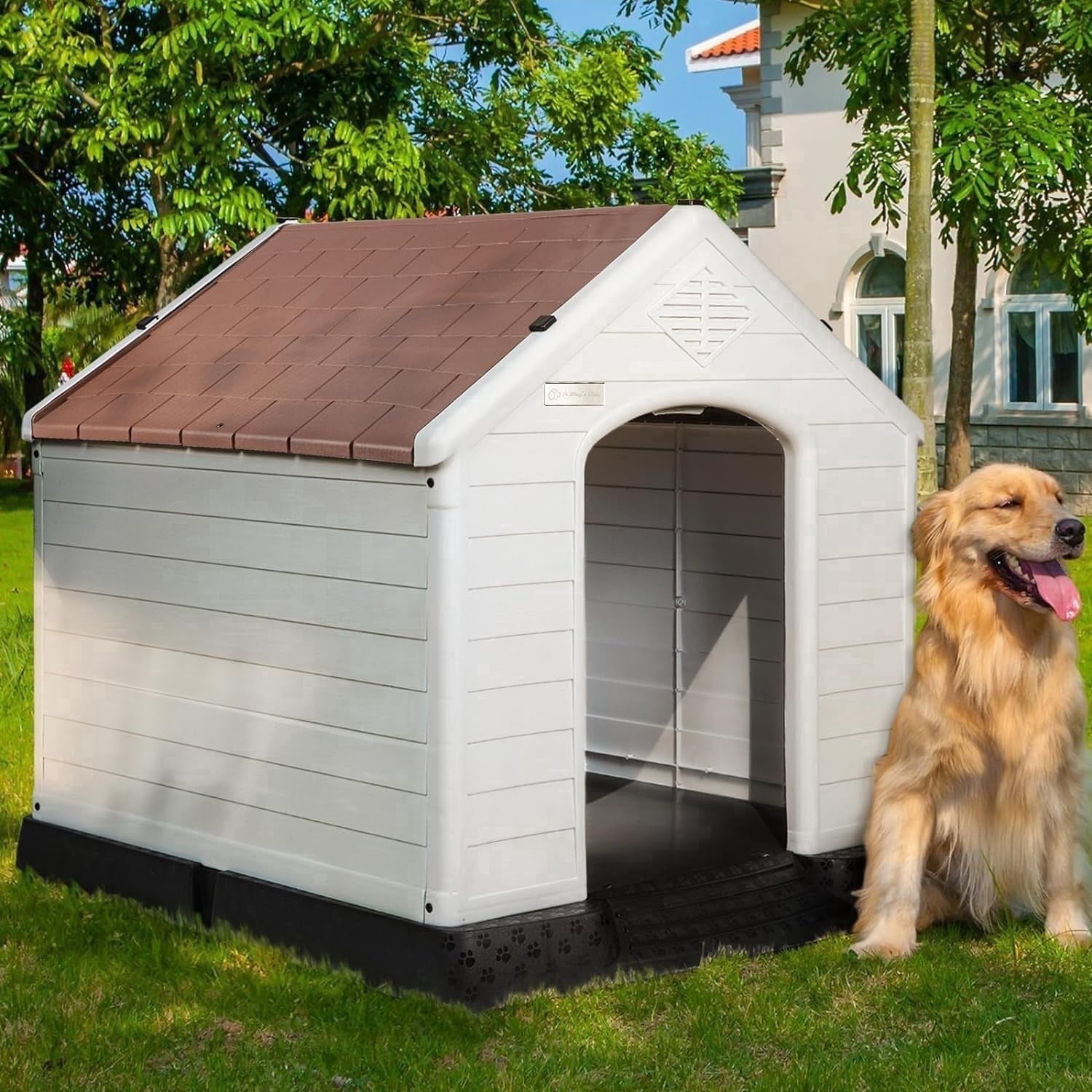 Waleaf Durable Waterproof Plastic Dog House for Small to Large Sized Dogs, Indoor Outdoor Doghouse with Elevated Floor