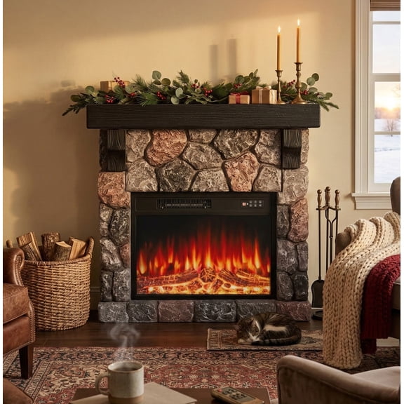 Waleaf Electric Fireplace with Mantel, 36 inch Freestanding Stone Fireplace Heater TV Stand with Remote Control