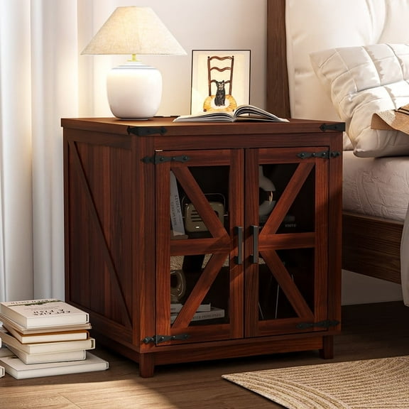 Waleaf End Table with Charging Station,Farmhouse Night Stand with Glass Barn Door,Large Sofa Side Table with Adjustable Storage Shelf for Living Room,Bedroom(1,Brown)