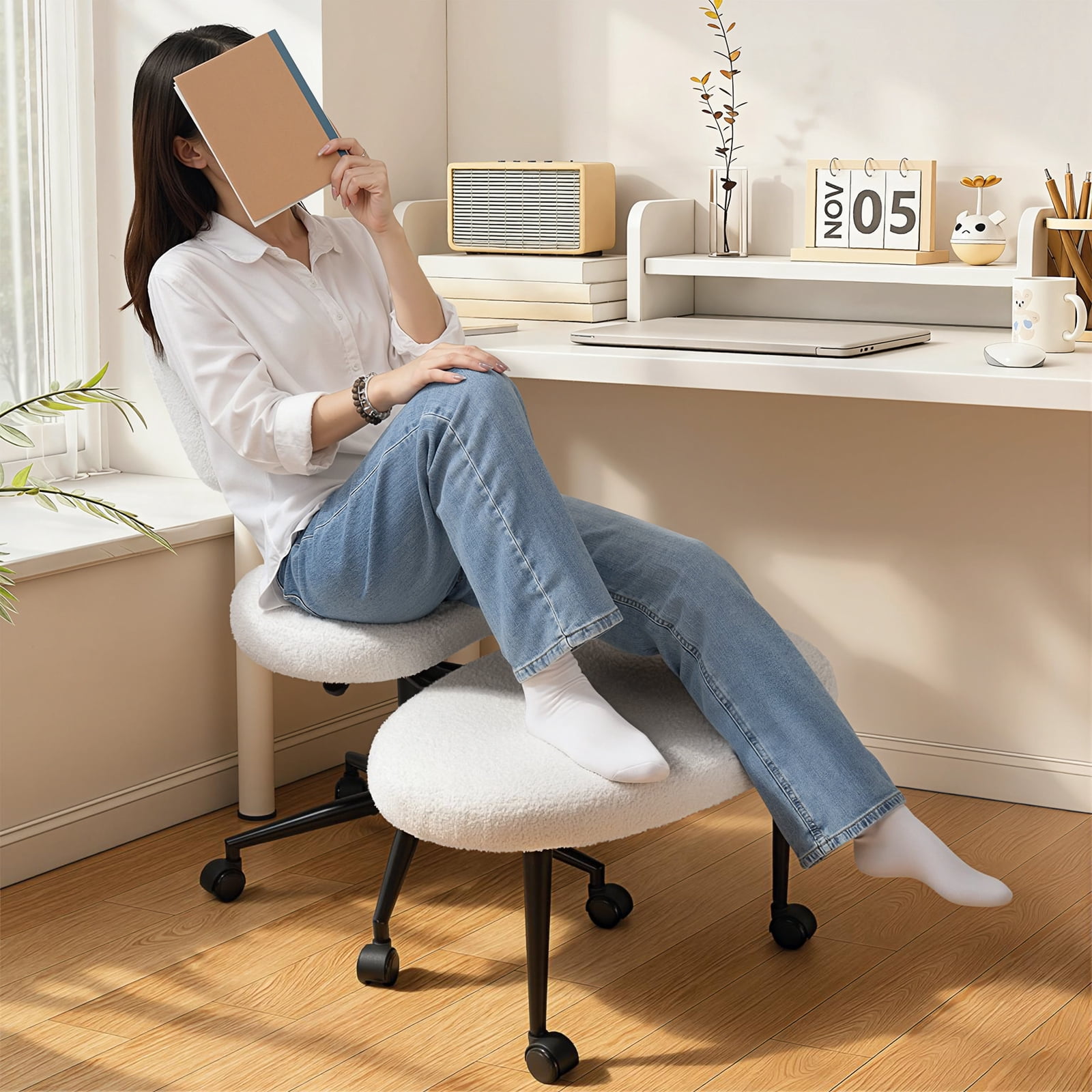Waleaf Ergonomic Cross Legged Office Chair, Boucle ADHD & Meditation Chair for Adult, Lumbar Support Swivel Wide Seat, Yoga & Kneeling chair