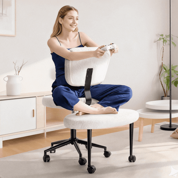 Waleaf Ergonomic Cross Legged Chair, 360° Swivel Height Adjustable Desk Chair with Wheels for ADHD,Teddy Fabric and Lumbar Support vanity Chair