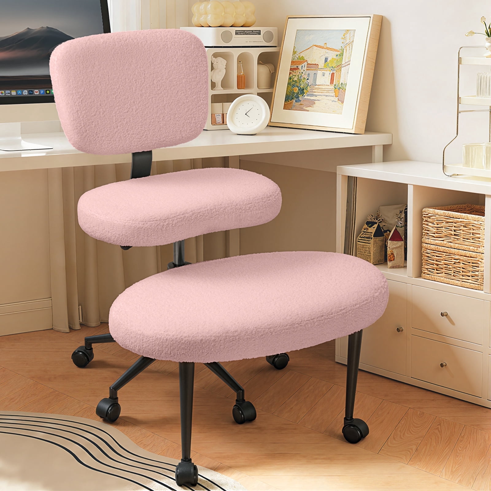 Waleaf Ergonomic Cross Legged Chair, 360° Swivel Height Adjustable Desk Chair with Wheels for ADHD,Teddy Fabric and Lumbar Support