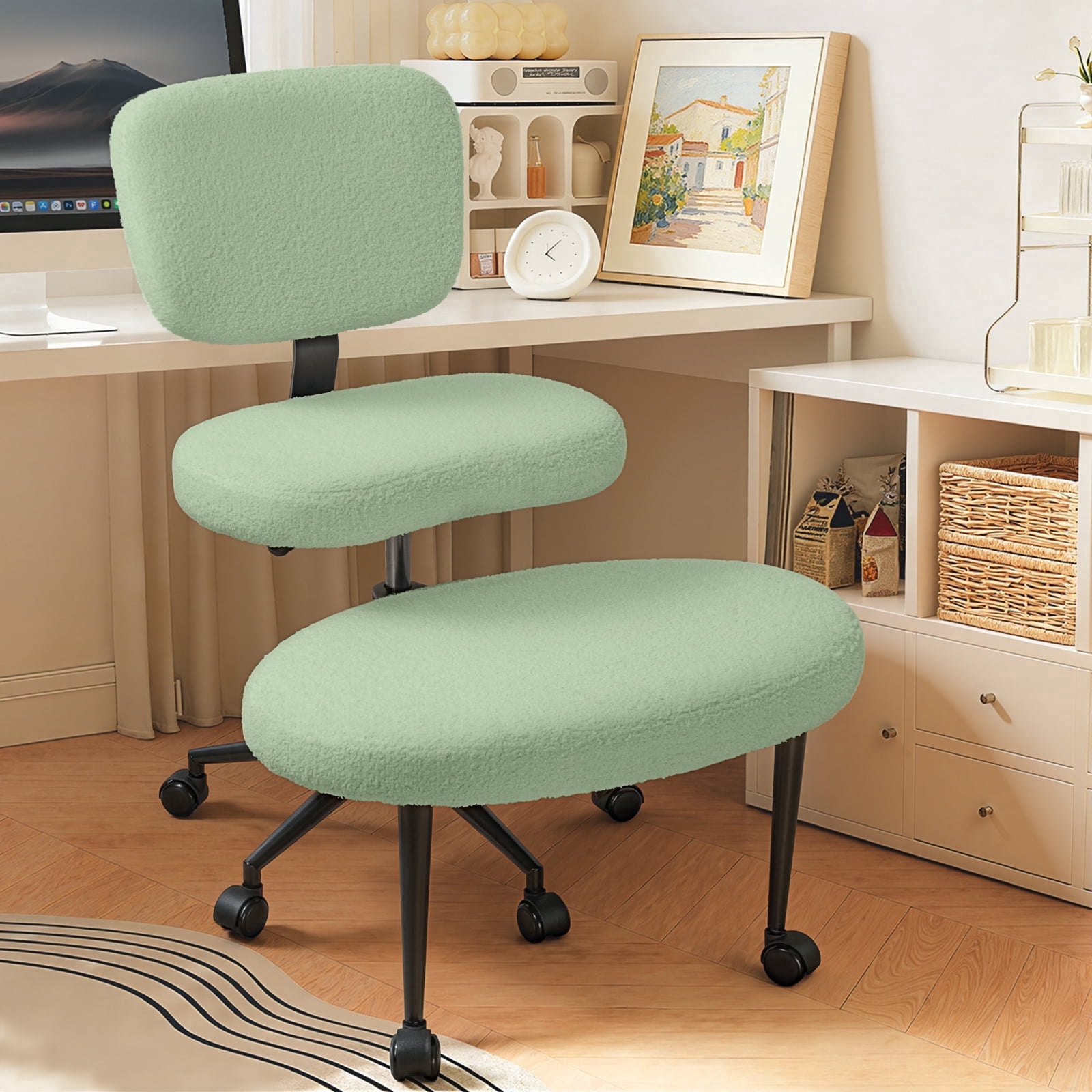 Waleaf Ergonomic Cross Legged Chair, 360° Swivel Height Adjustable Desk Chair with Wheels for ADHD,Teddy Fabric and Lumbar Support