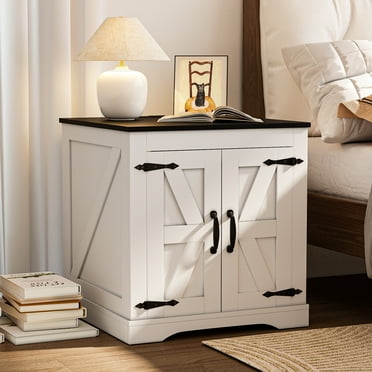 Waleaf Farmhouse End Table with Charging Station, 24" Large Sofa Side Table with Adjustable Storage Shelf for Living Room, Bedroom(White)