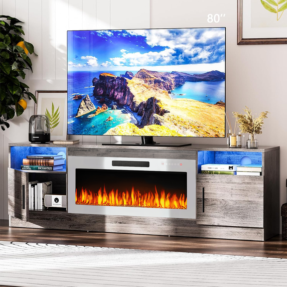 Waleaf Fireplace TV Stand Entertainment Center with 36" Fireplace, 70" Wooden TV Stand for TVs Up to 80", Gray