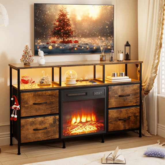 Waleaf Fireplace TV Stand with Fireplace, 49" Entertainment Center up to 55 inch TV,Dresser for Bedroom, Living Room with Power Outlets & LED Lights