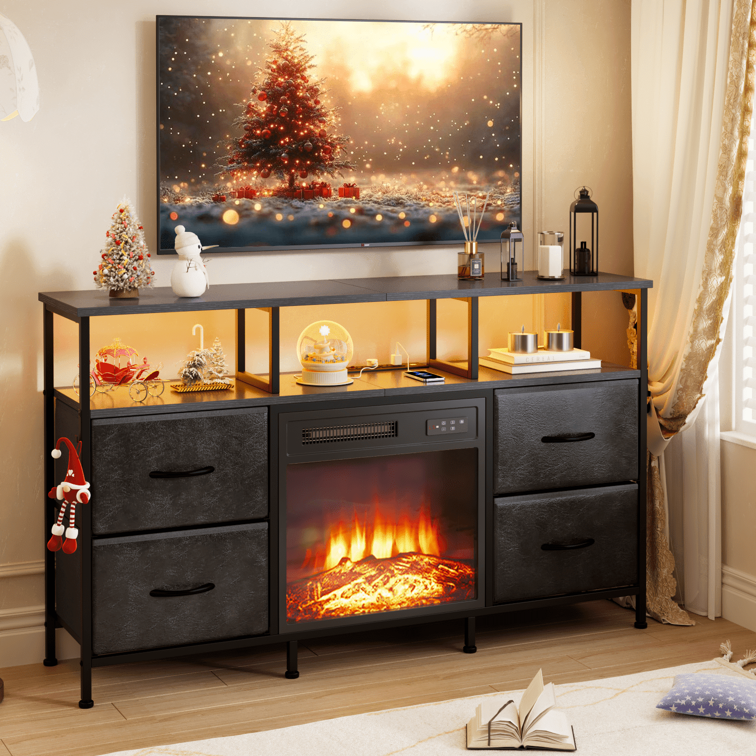 Waleaf Fireplace TV Stand with Fireplace, 49" Entertainment Center up to 55 inch TV,Dresser for Bedroom, Living Room with Power Outlets & LED Lights