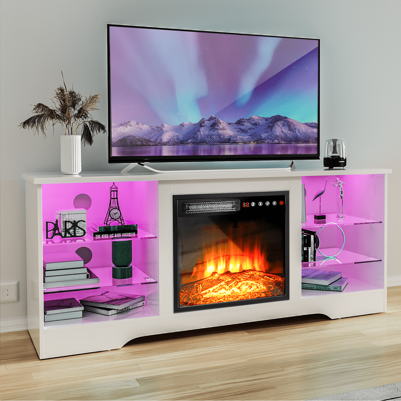 Waleaf Fireplace TV Stand with 18'' Fireplace for TVs up to 65 inch, Two Adjustable Glass Shelves Modern Entertainment Center for Living Room with LED Light
