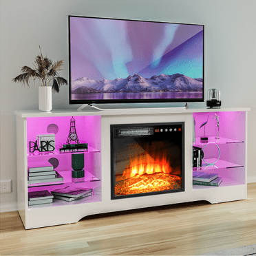 Waleaf Fireplace TV Stand with 18'' Fireplace for TVs up to 65 inch, Two Adjustable Glass Shelves
