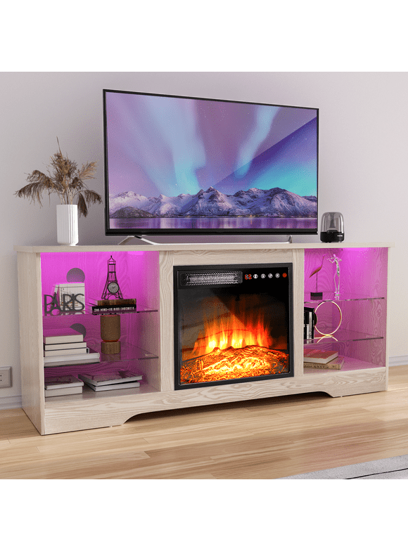 Waleaf Fireplace TV Stand with 18'' Fireplace for TVs up to 65 inch, Two Adjustable Glass Shelves