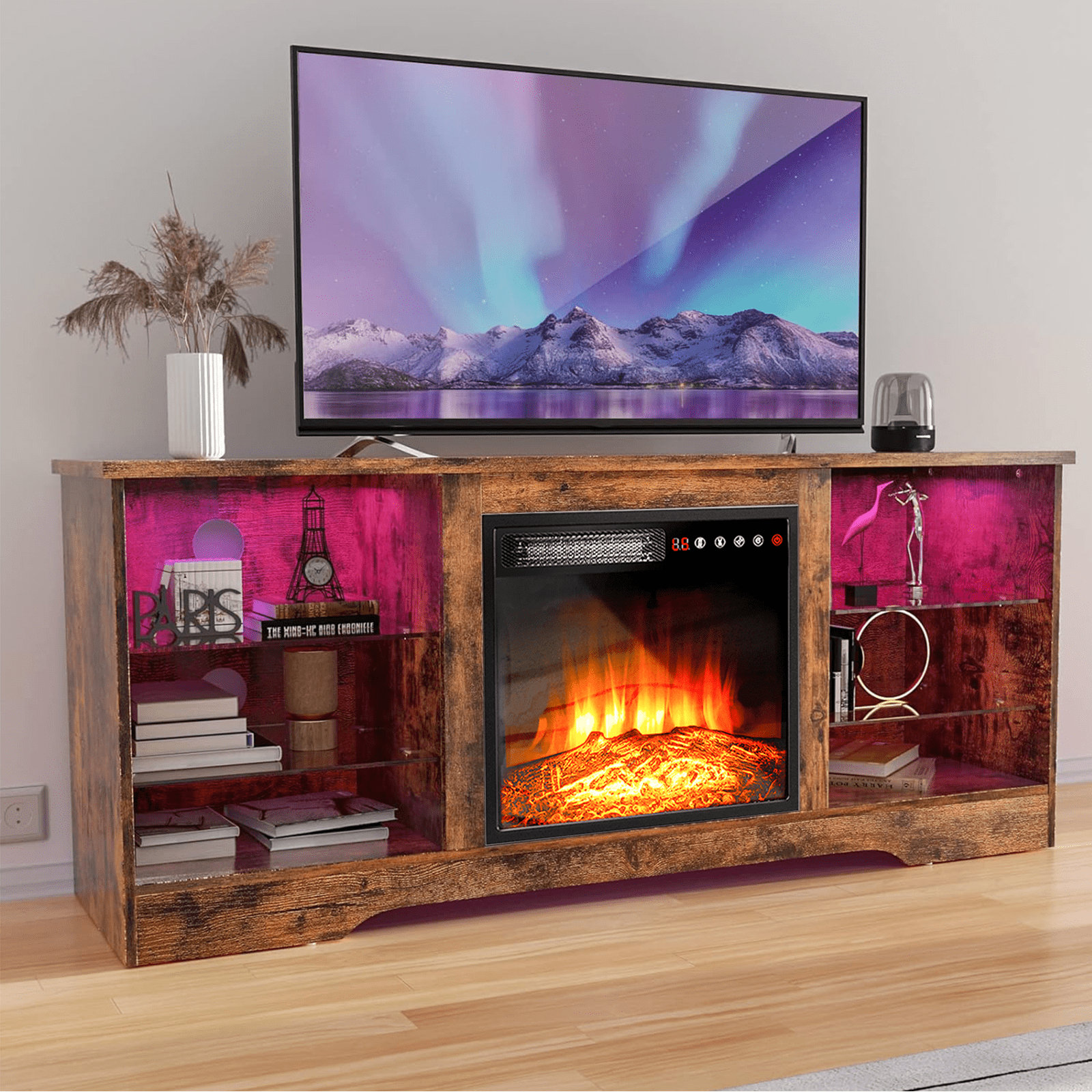 Waleaf 65 inch TV Stand with 18'' Electric Fireplace, Adjustable Glass ...