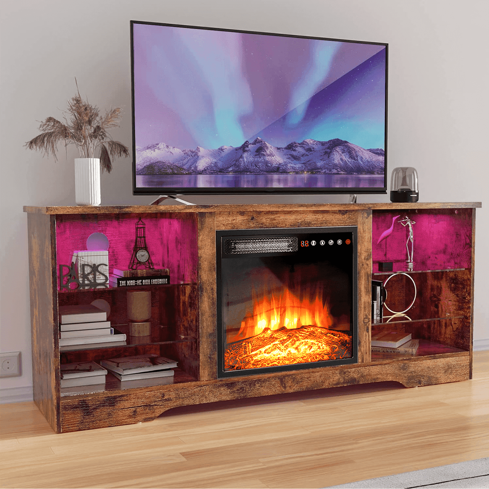 Waleaf Fireplace TV Stand with 18'' Fireplace for TVs up to 65 inch, Two Adjustable Glass Shelves