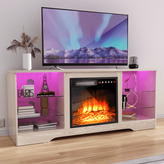 Waleaf Fireplace TV Stand with 18'' Fireplace for TVs up to 65 inch, Two Adjustable Glass Shelves