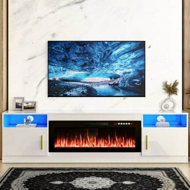 Waleaf Fireplace TV Stand with 36" Electric Fireplace Up to 80" TVs, Modern Wood Media TV Console with Highlight Cabinet, White