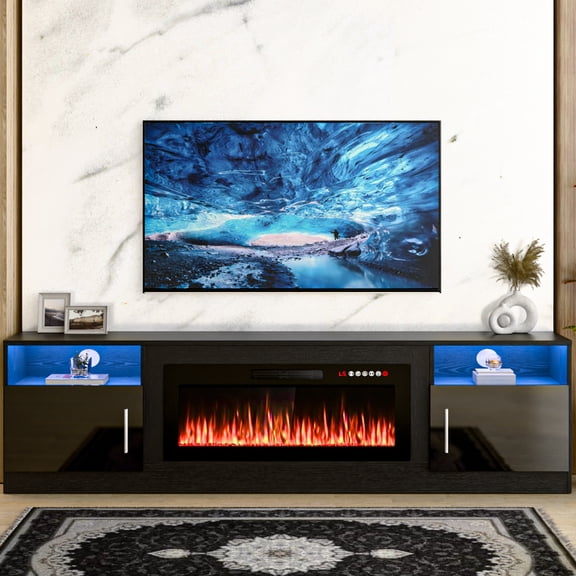 Waleaf Fireplace TV Stand with 36" Electric Fireplace for TVs Up to 90", LED Light Entertainment Center, Modern High Gloss Wood with Spacious Storage Cabinet for Living Room