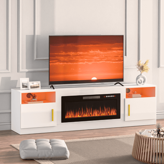 Waleaf 80" Fireplace TV Stand with 36" Electric Fireplace for TVs Up to 90",LED Light Entertainment Center and Storage,Highlight Cabinet