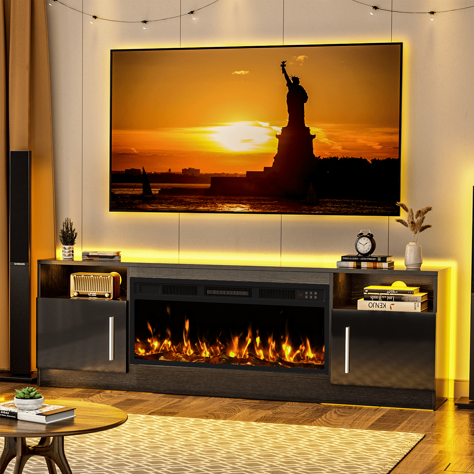 Waleaf Fireplace TV Stand with 36" White Electric Fireplace for TVs Up to 80",70" Modern Wood Media TV Console with Fireplace for Living Room