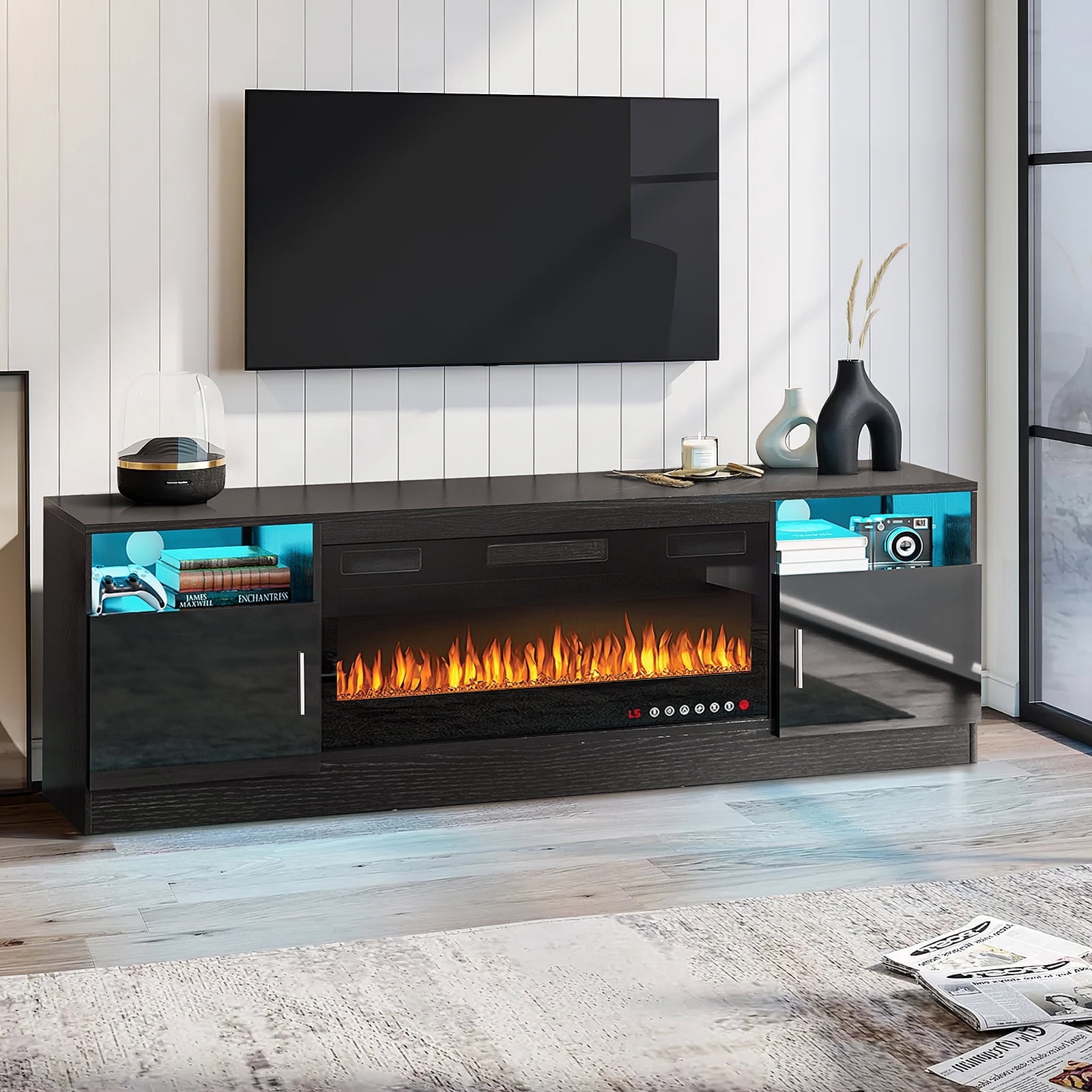 Waleaf Fireplace tv Stand with 36 inch Fireplace Up to 80" TVs,LED Light Entertainment Center and Storage