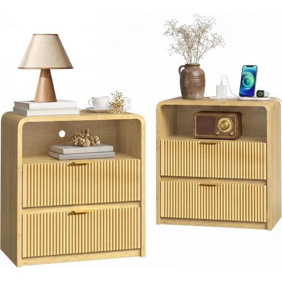 Waleaf Fluted Nightstand with Charging Station, Modern Curved Bedside Table with 2 Drawers and Open Shelf for Bedroom Living Room