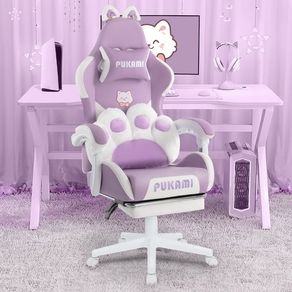 Waleaf Gaming Chair with Cat Paw Lumbar Cushion and Cat Ears for Girls, Reclining Office Computer Chair with Footrest for Adults, Teens