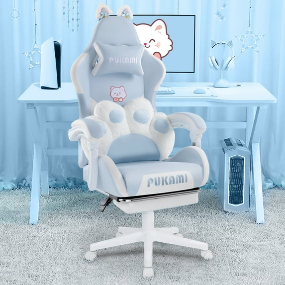 Waleaf Gaming Chair with Cat Paw Lumbar Cushion and Cat Ears for Girls, Reclining Office Computer Chair with Footrest for Adults, Teens