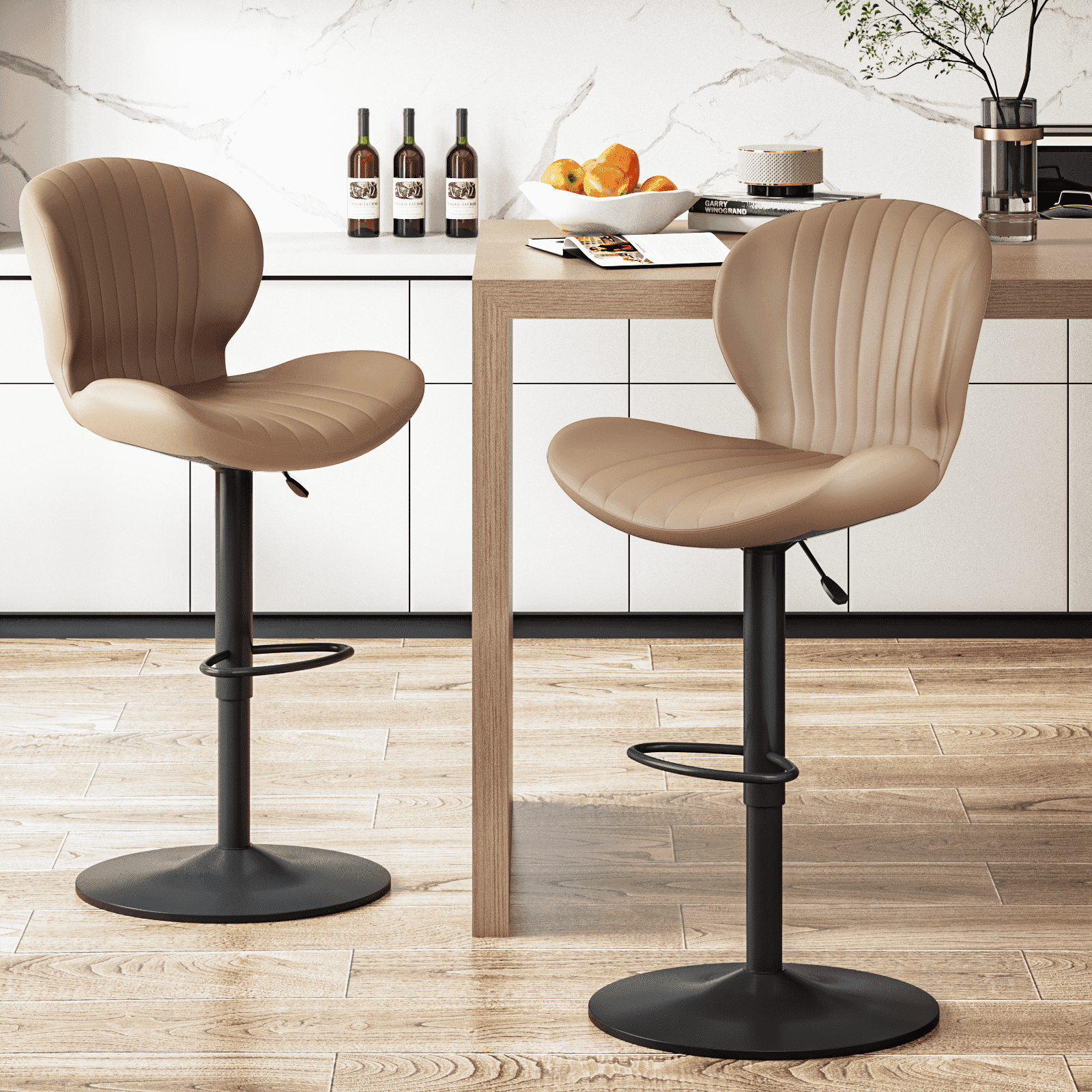 Beige Faux Leather Adjustable Swivel Bar Stools Set of 2