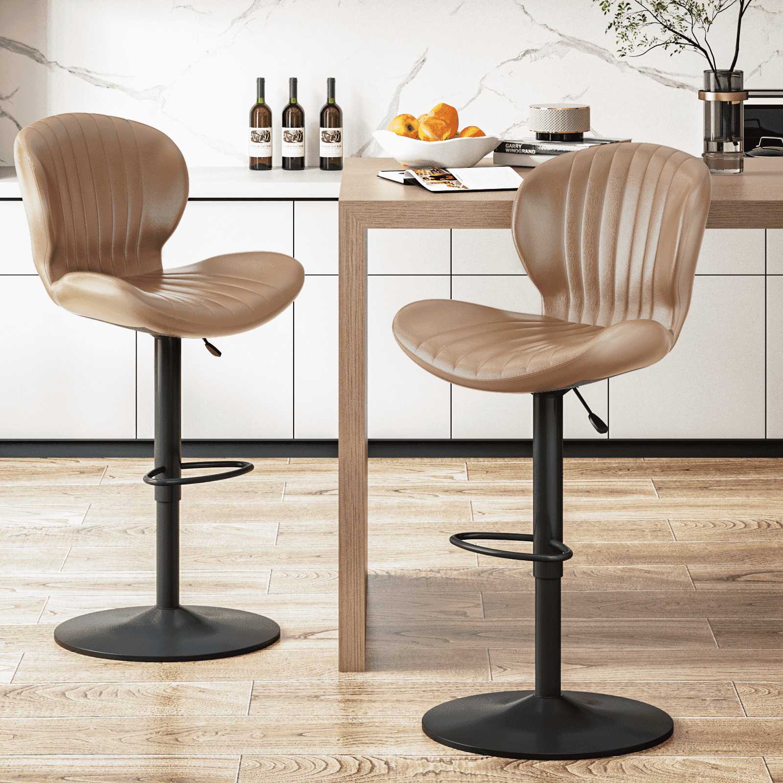 Beige Faux Leather Adjustable Swivel Bar Stools Set of 2