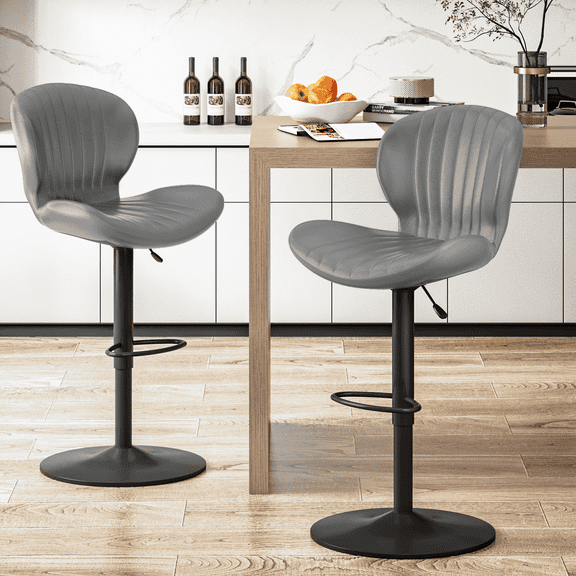 Waleaf Modern Adjustable Bar Stools Set of 2, Faux Leather Upholstered Swivel Counter Stools, Counter Height Bar Stools with Large Base