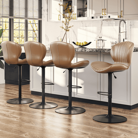 Waleaf Modern Adjustable Bar Stools Set of 4, Faux Leather Upholstered Swivel Counter Stools, Counter Height Bar Stools with Large Base