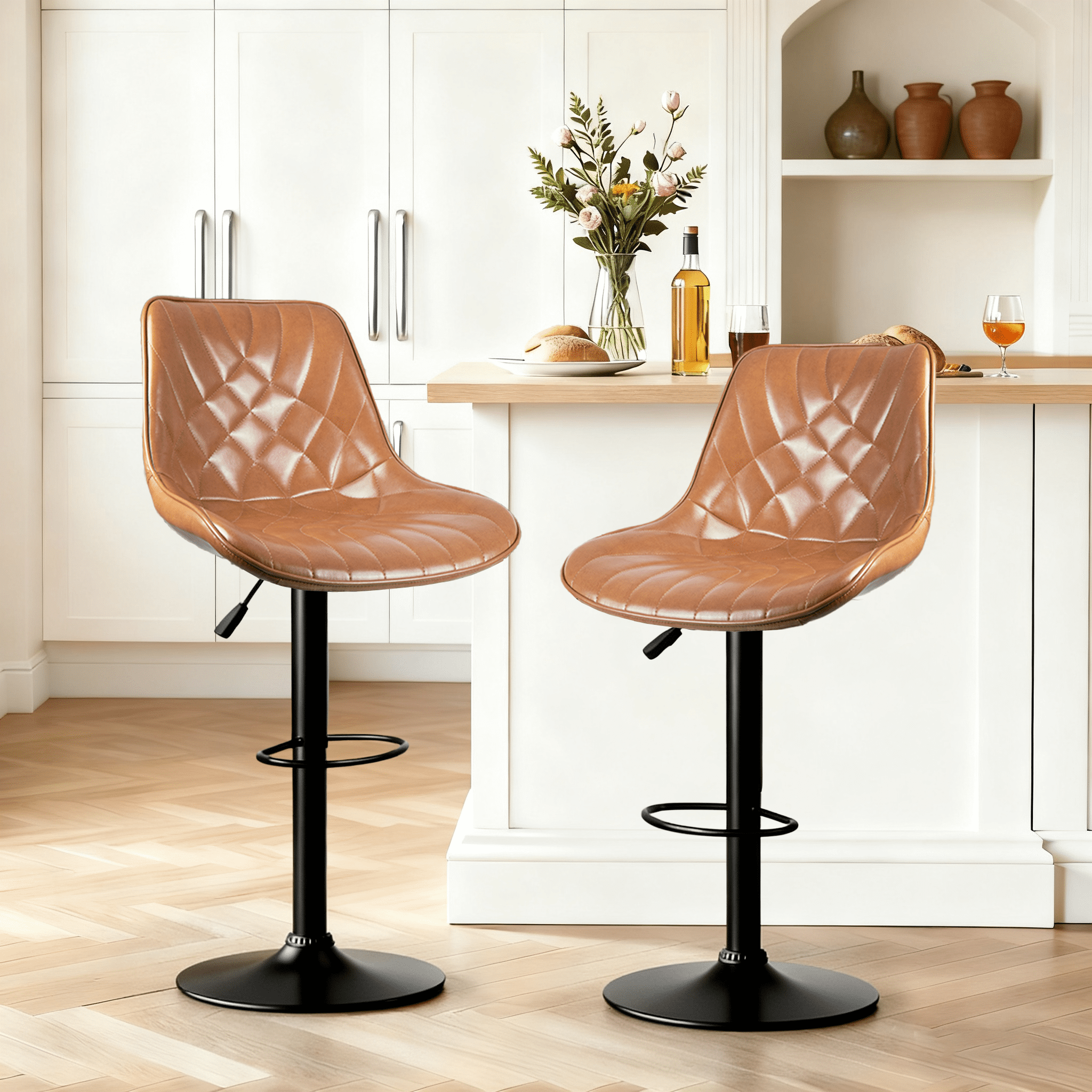 Waleaf Modern Bar Stools Set of 2, PU Leather Height Adjustable Swivel Barstools with Back