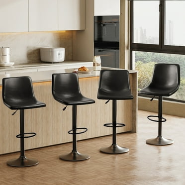 Waleaf Modern Bar Stools Set of 4, PU Leather Height Adjustable Swivel Barstools with Back, Black