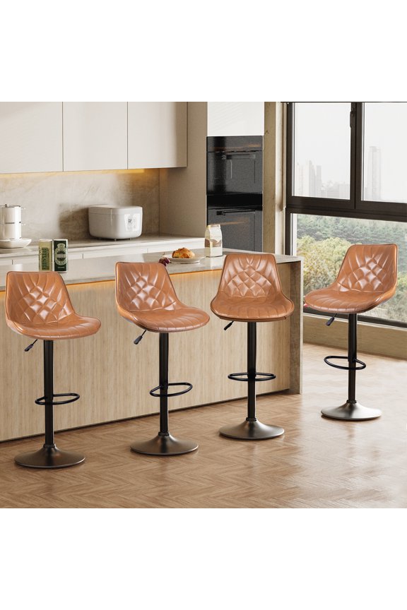 Modern Bar Stools Set of 4, PU Leather Height Adjustable Swivel Barstools with Back