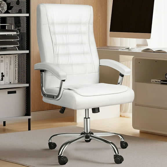 Waleaf Office Chair with Spring Cushion,400LBS High Back Computer Chair with Padded Armrest, White