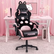Waleaf Pink Gaming Chair with Cat Paw Lumbar Cushion and Cat Ears for Girls, Reclining Office Computer Chair with Footrest for Adults, Teens