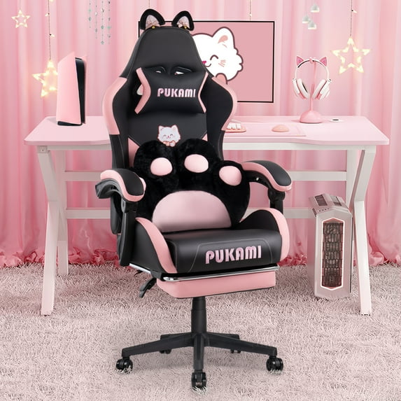 Waleaf Pink Gaming Chair with Cat Paw Lumbar Cushion and Cat Ears for Girls, Reclining Office Computer Chair with Footrest for Adults, Teens