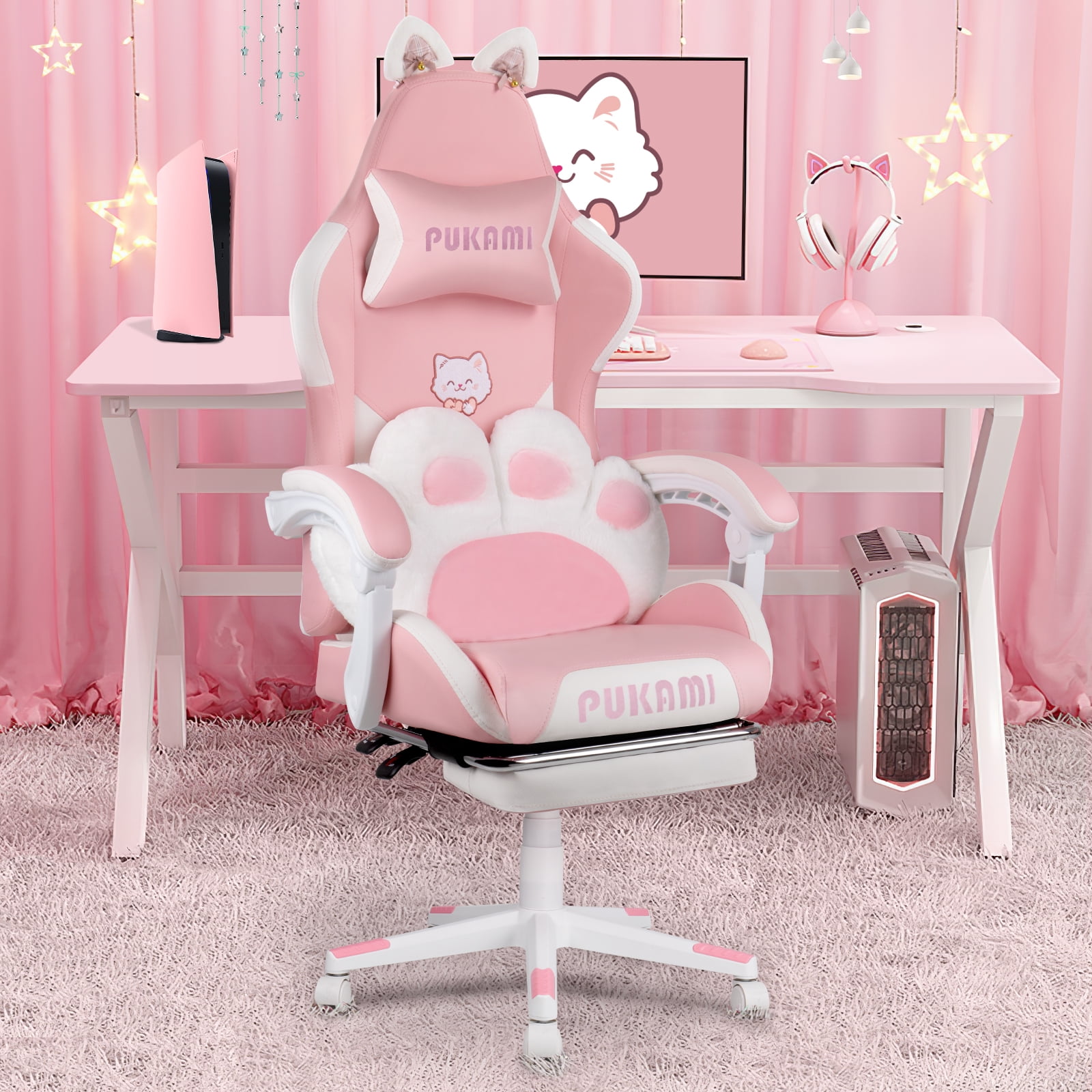Waleaf Pink Gaming Chair, Cute Cat Ears, Lumbar Cushion