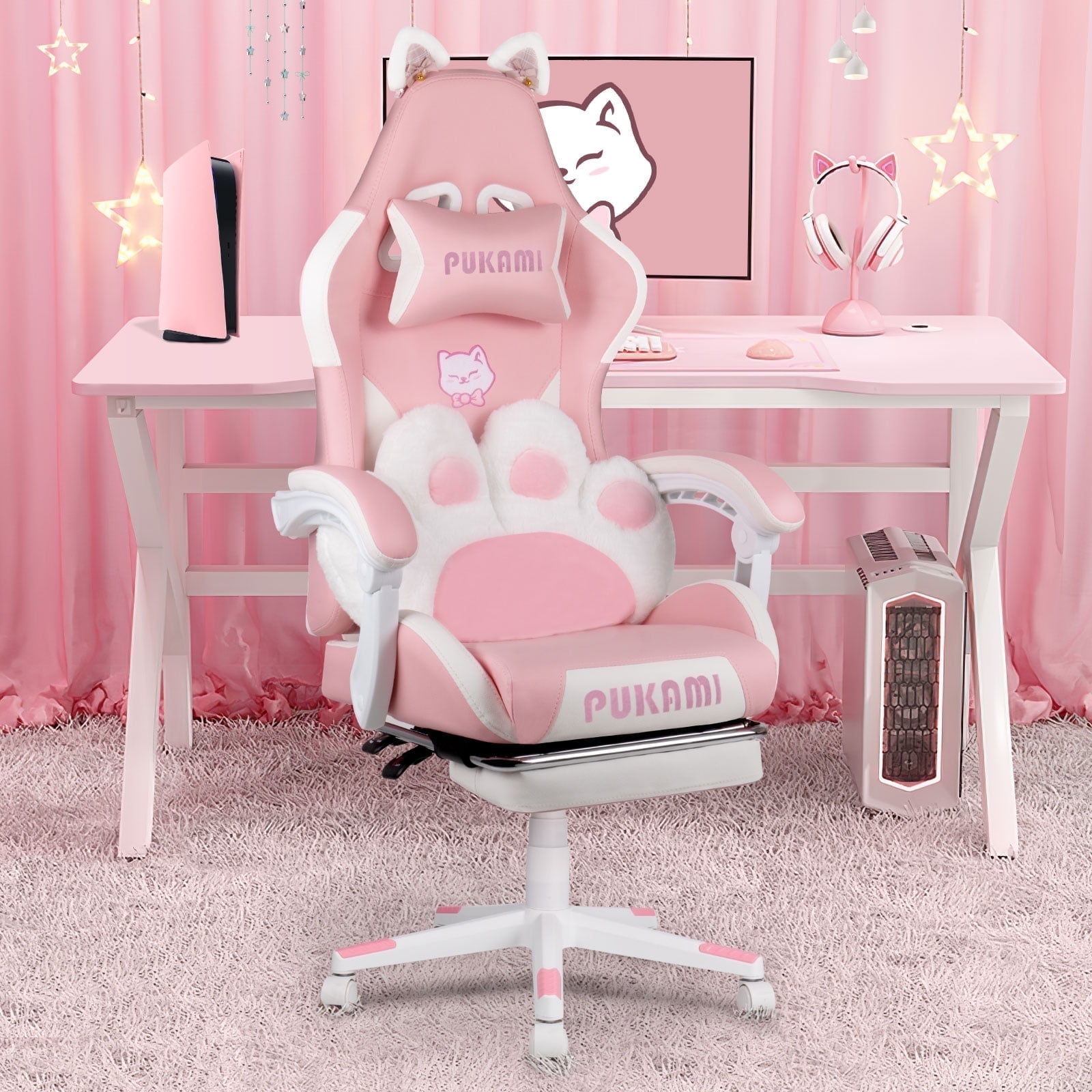 Waleaf Pink Gaming Chair with Cat Paw Lumbar Cushion and Cat