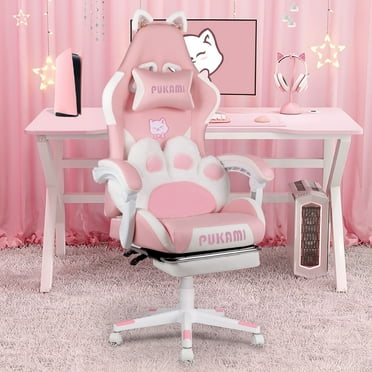 Waleaf Pink Gaming Chair with Cat Paw Lumbar Cushion and Cat Ears for Girls, Reclining Office Computer Chair with Footrest for Adults, Teens