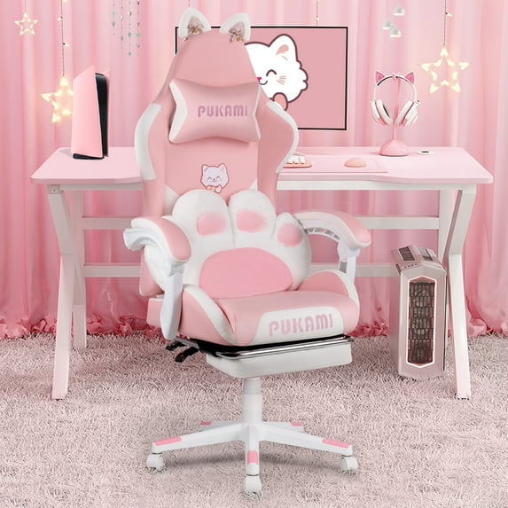 Waleaf Pink Gaming Chair with Cat Paw Lumbar Cushion and Cat Ears for Girls, Reclining Office Computer Chair with Footrest for Adults, Teens