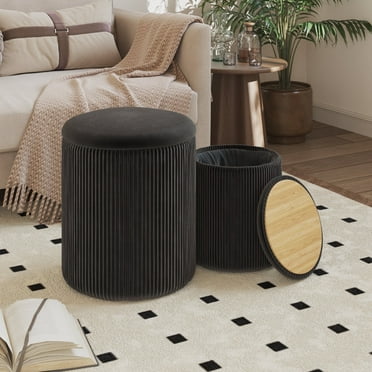 Waleaf Round Ottoman Foot Stool with Storage Set of 2, Upholstered Velvet Vanity Stool for Living Room & Bedroom, Black