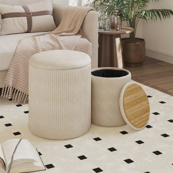 Waleaf Round Ottoman with Storage Set of 2, Upholstered Velvet Vanity Stool for Living Room & Bedroom, Beige