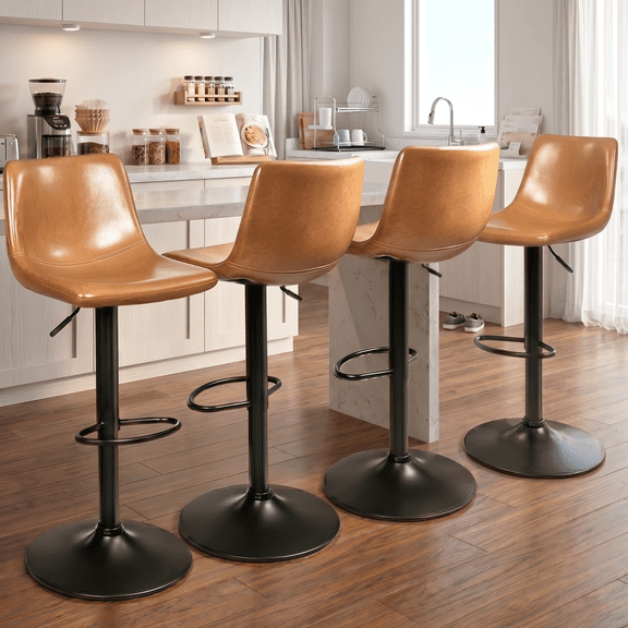 Waleaf Swivel Bar Stools Set of 4, Modern Adjustable Height Counter Stools with PU Leather Upholstery, Comfortable Back Support Kitchen Chairs,Whisky