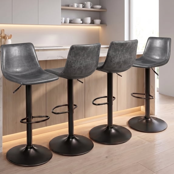 Waleaf Swivel Bar Stools Set of 6, Modern Adjustable Height Counter Stools with PU Leather Upholstery, Comfortable Back Support Kitchen Chairs,Gray