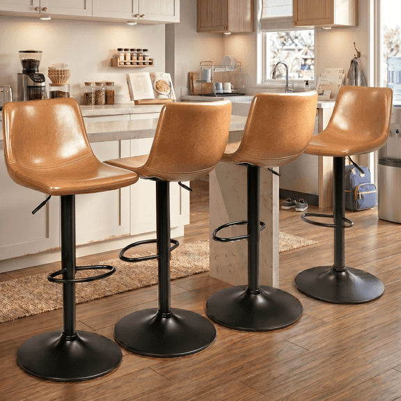 Waleaf Set of 4 Modern Swivel PU Leather Bar Stools, Adjustable Height Kitchen Counter Height Chairs with Back and Footrest, PU Leather Upholstered Dining Chairs for Kitchen Island